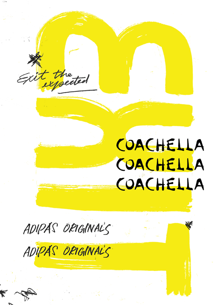 A large handwritten, brushy EXIT written in yellow with Exit the Expected, Coachella, and adidas Originals handwritten repeatedly overtop in black.