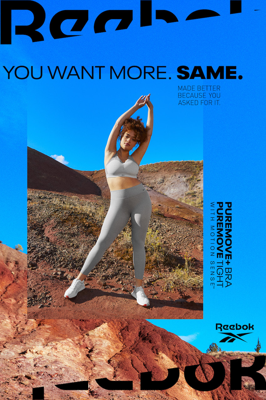 A vertical example of a Reebok PureMove campaign layout featuring both bra and tights.