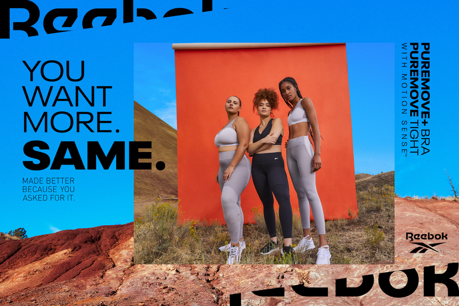 A horizontal example of Reebok PureMove campaign layout, with an image of models against the orange backdrop inset in another image of the red earth and blue sky environment, creating a layered contrast of colors as well as between geometric and organic shapes.