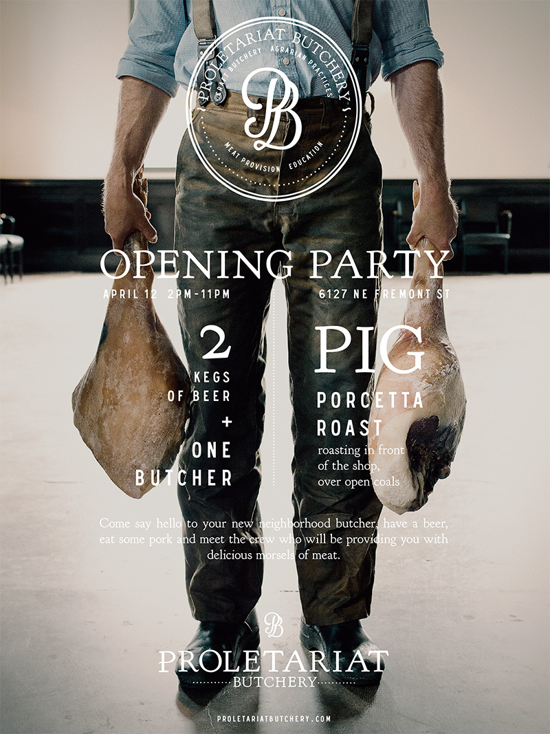 An opening party invitation featuring the butcher from the waist down, wearing heavy duty work denim and suspenders, holding two legs of ham.