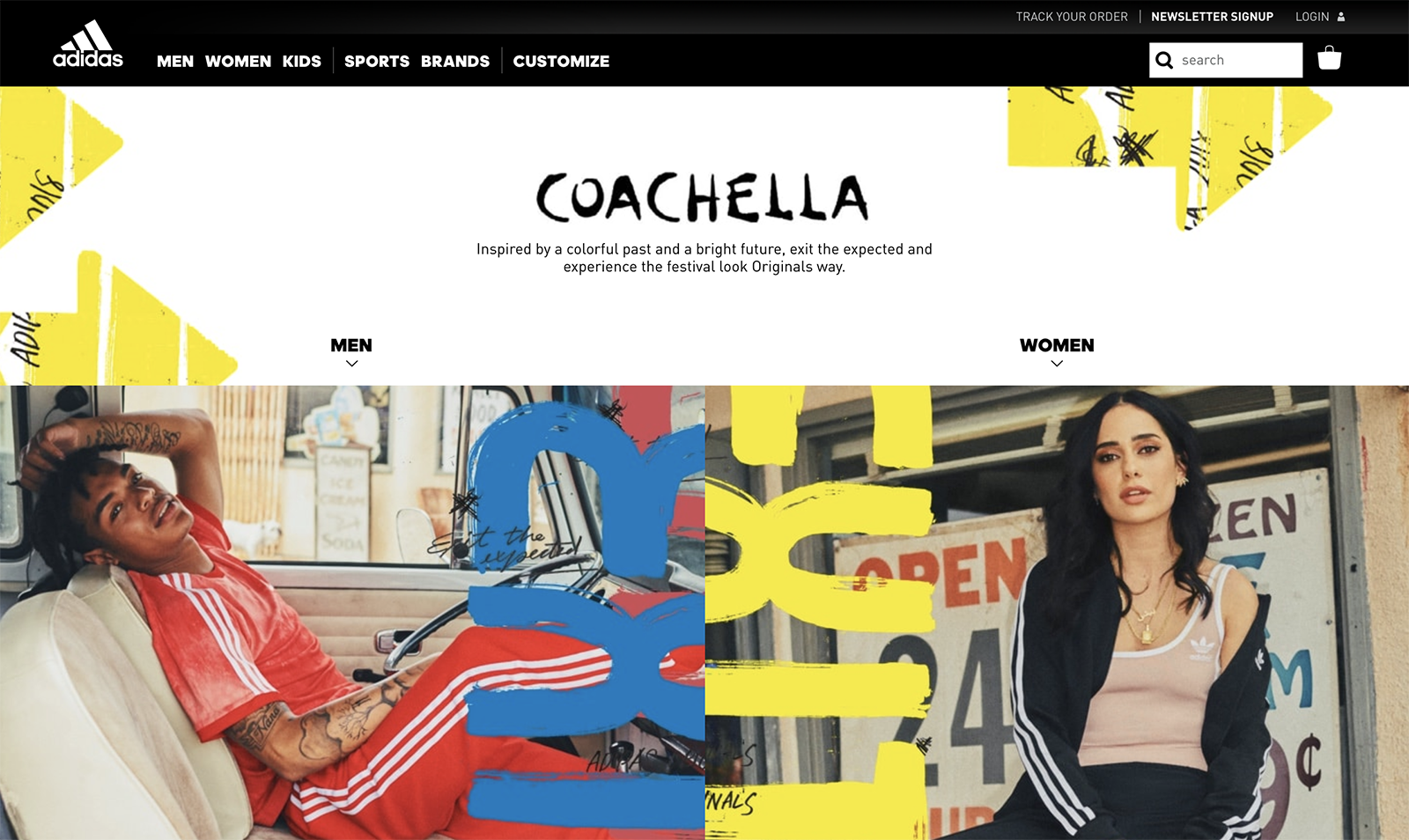 The adidas webpage with the Coachella Exit the Expected campaign graphics. Yellow and blue handwritten EXIT graphics overlay photoshoot images of a guy lounging in the VW bus, and a woman standing in front of the desert gas station.