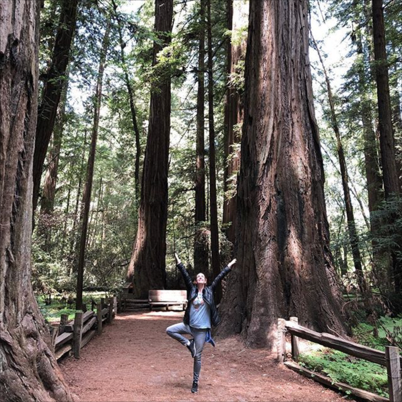 A woman does tree pose in the woods.
