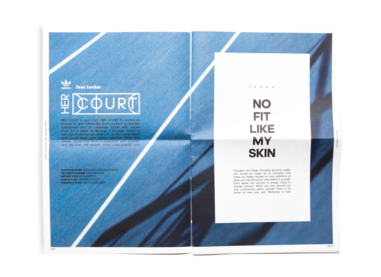 An open spread of Her Court zine Issue 01 showing an abstracted, upclose image of a basketball court and bold copy that reads No Fit Like My Skin.