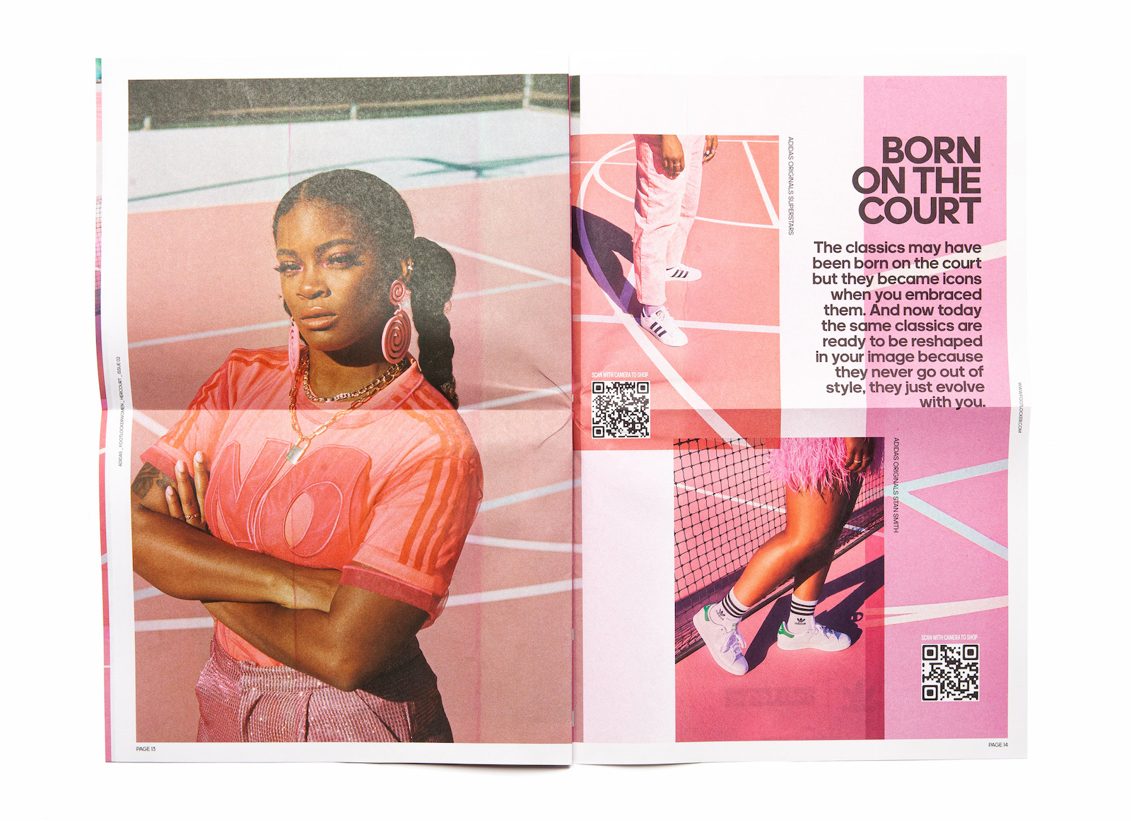 An open spread of Her Court zine Issue 02 showing a photo of Ari Lennox with arms crossed on the left page, and cropped shots of shoes on the court on the right, with QR codes, and a headline that reads Born On The Court.