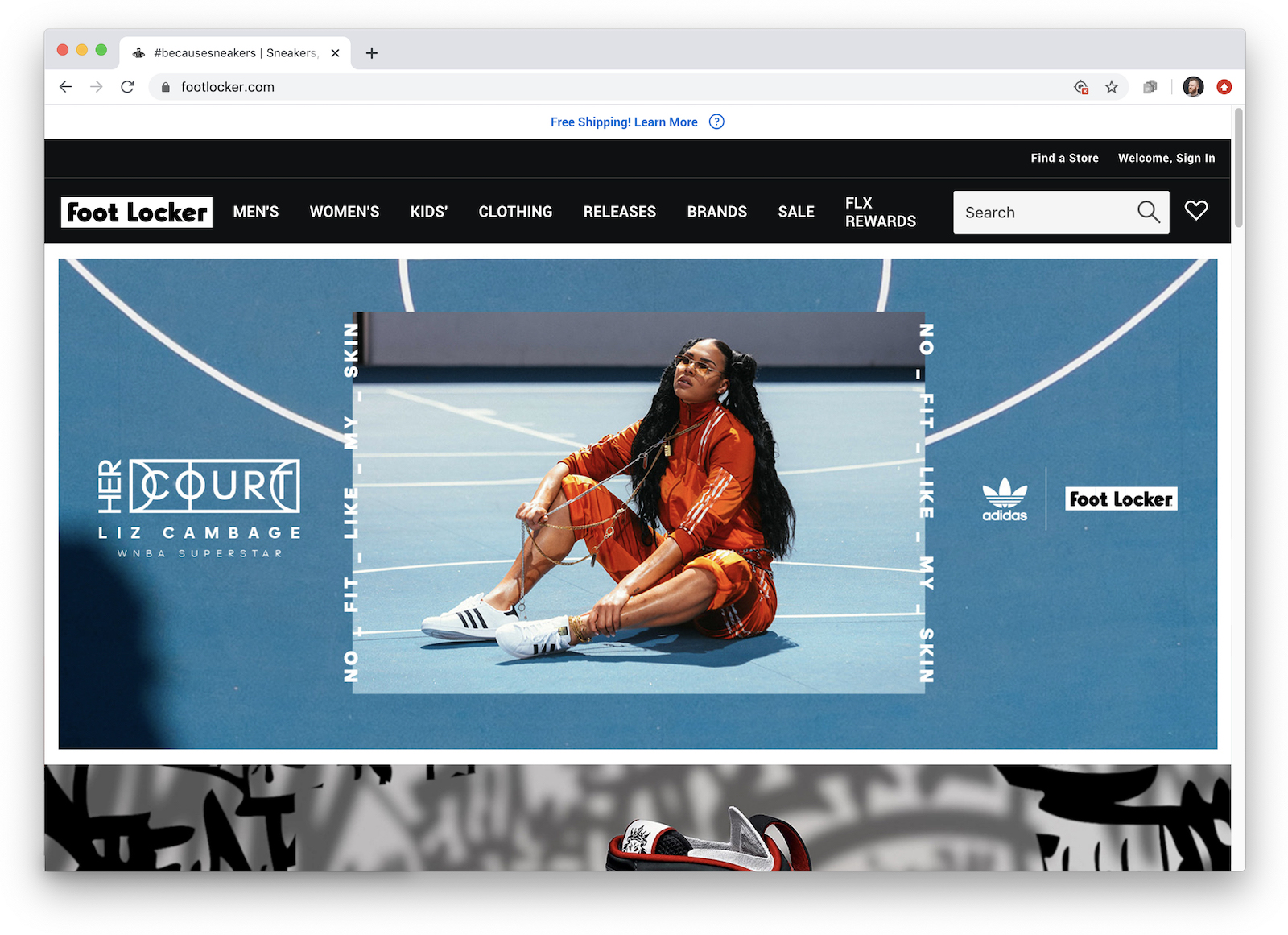 Screenshot of a web header for the campaign on footlocker.com, featuring Liz Cambage, in the same orange tracksuit on blue court.