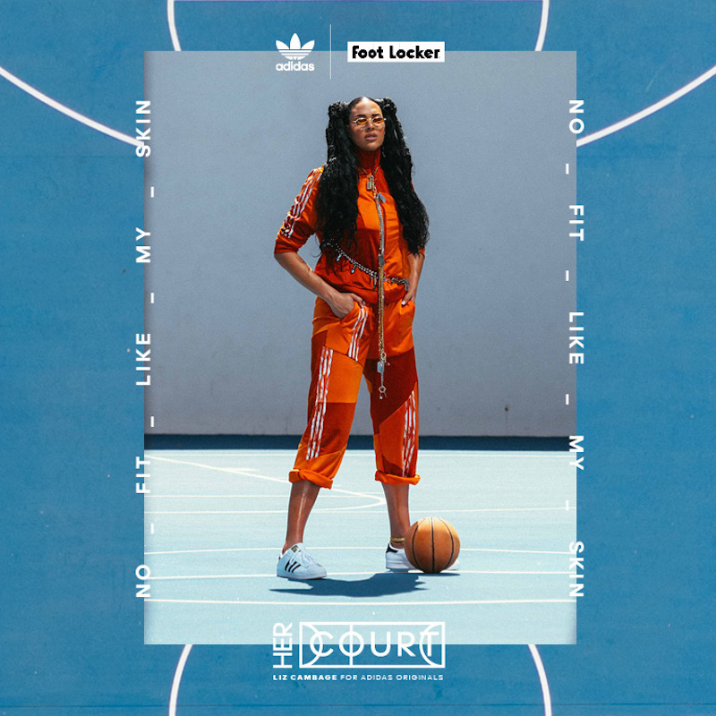 Digital social layout featuring a shot of Liz Cambage on a blue basketball court, wearing an orange Originals tracksuit and white sneakers, inset on a graphic of a blue court.