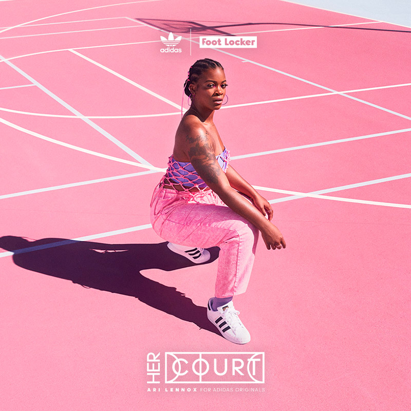 Digital social layout featuring Ari Lennox in pink with white adidas sneakers on a pink basketball court.
