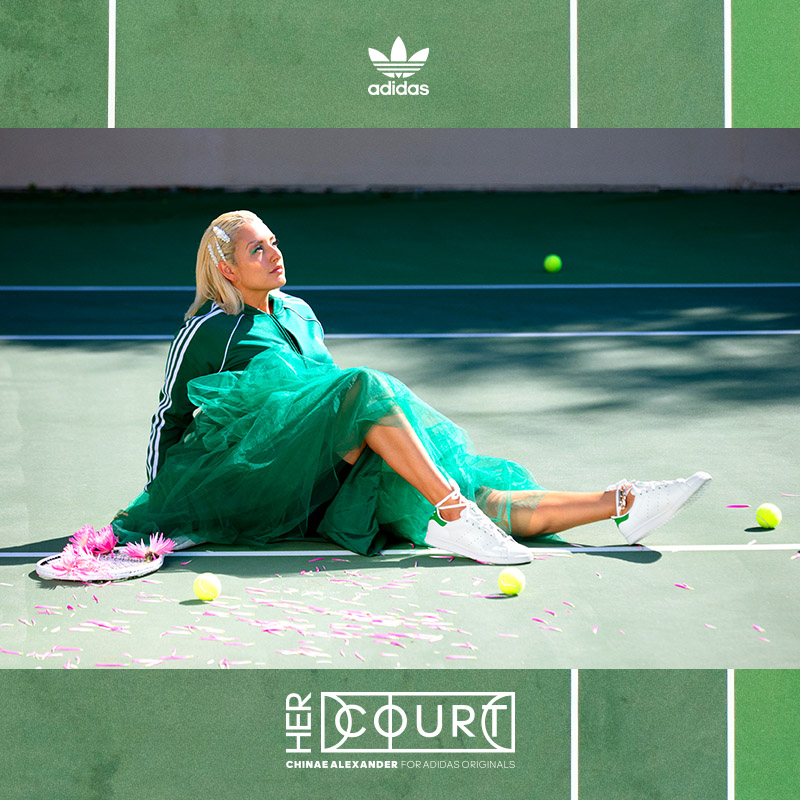 Digital social layout featuring a shot of Chinae Alexander on a green tennis court, wearing green tulle and Originals track jacket with white sneakers, overlaid on a graphic of a green court.