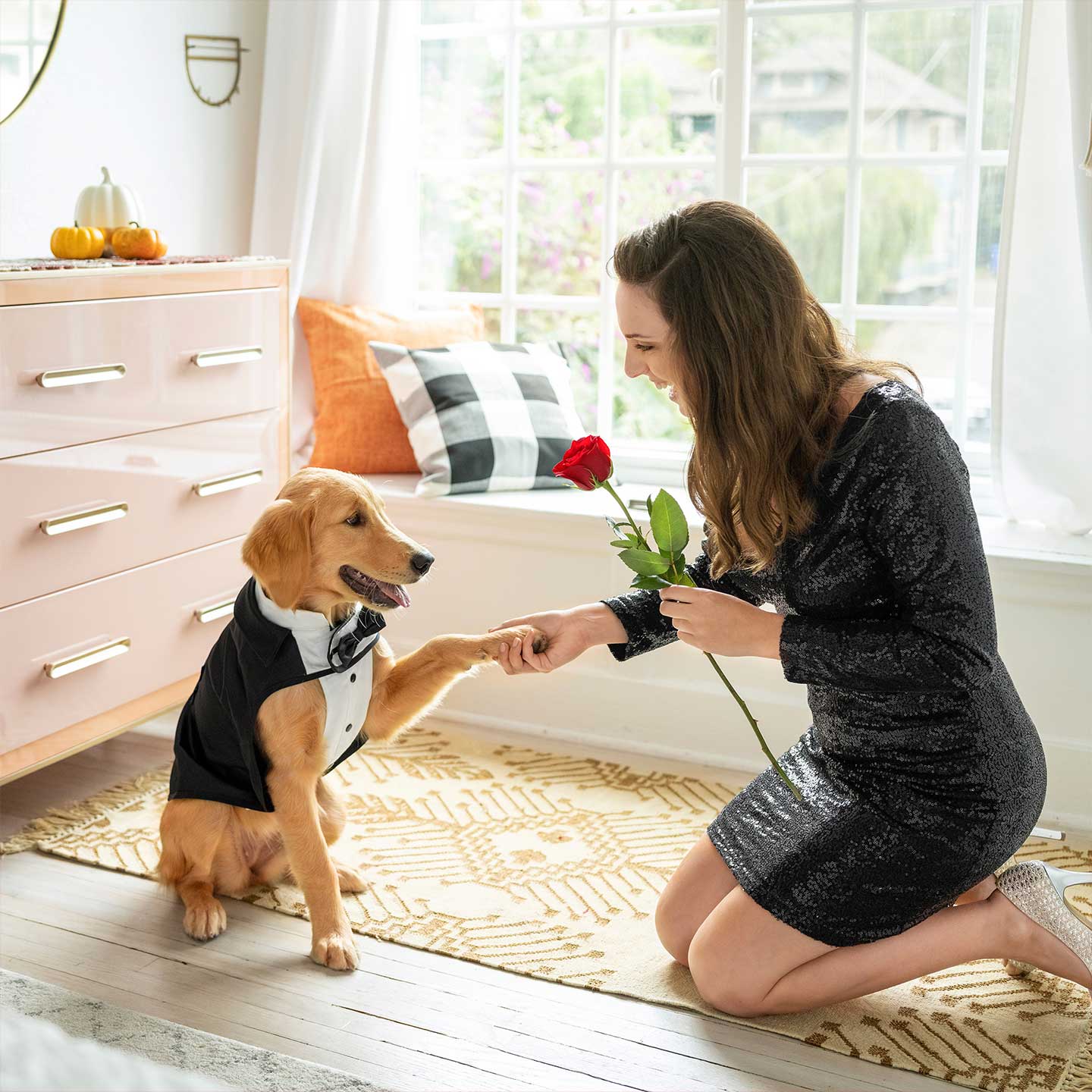 Dog dressed in a tux as the Bachelor shakes paw with woman holding a rose, dressed as a Bachelorette.